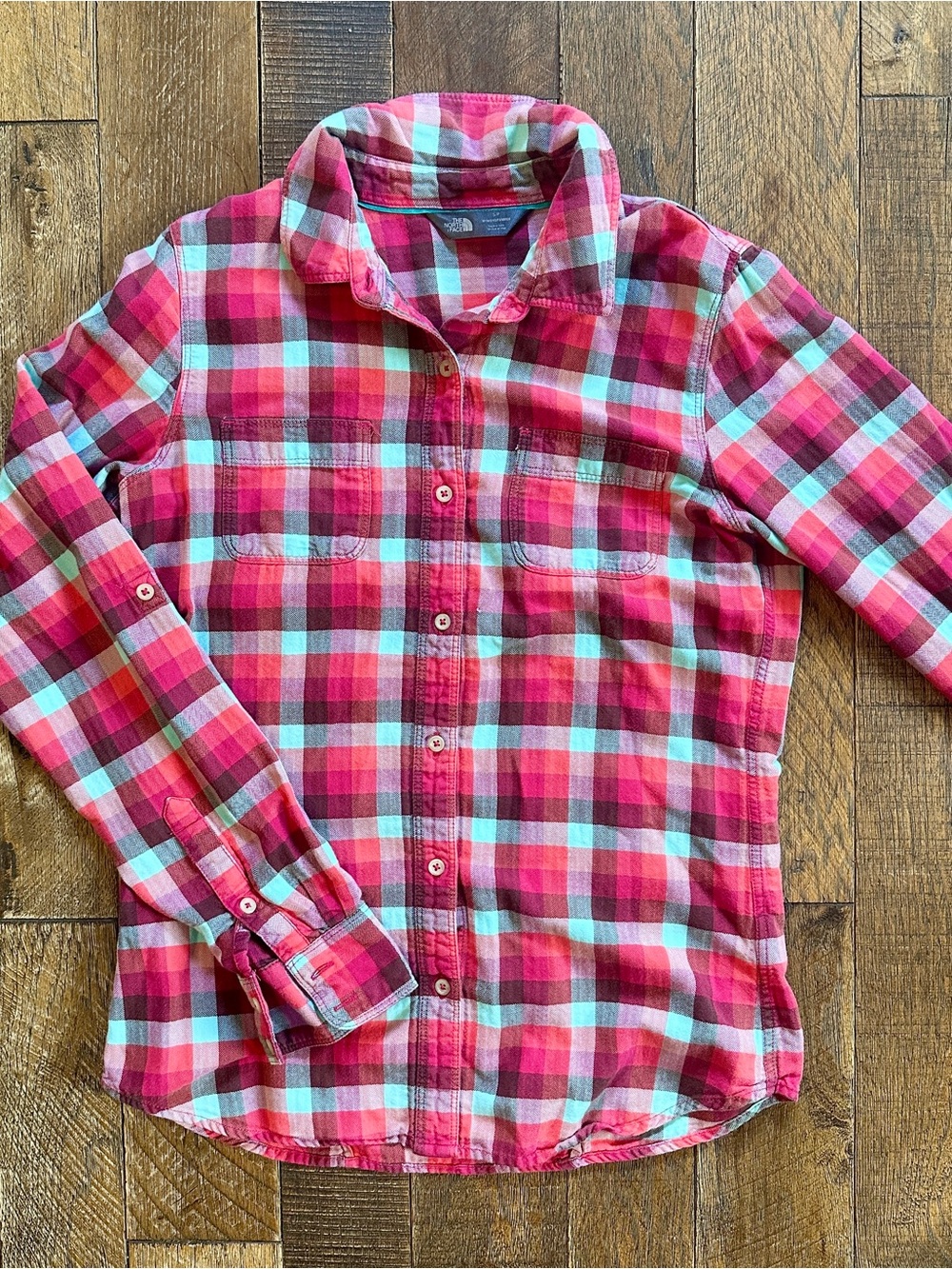 North Face Women's Bright Red / Pink / Aqua Plaid Button-Up Shirt Size S